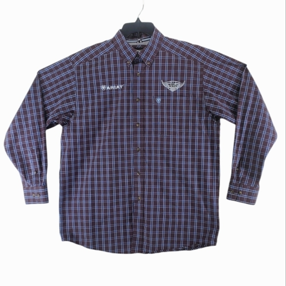 Ariat Shirt Pro Series Mens L World Series Roping Rodeo Brown Multi LS Raywood - Picture 1 of 16